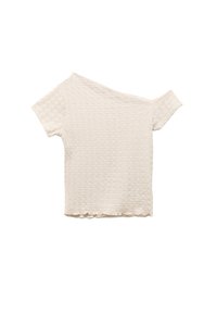 Lys beige tekstureret kortærmet top med off-shoulder-design, der har et bølget søm mønster og rå kant.