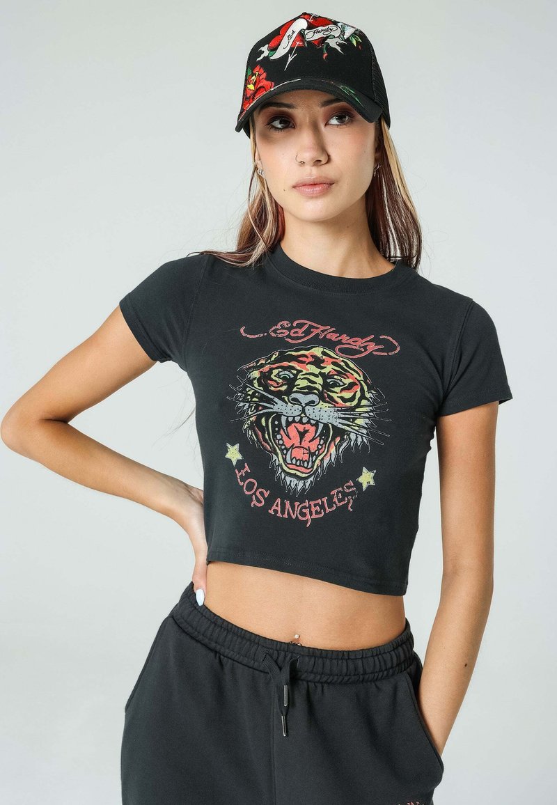 Ed Hardy LAROARTIGER CROPPED Tshirt print washed black/zwart