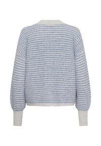 Knitted sweater with a soft texture, featuring a blue and white striped pattern, round neckline, and puffed sleeves. Light grey accents at cuffs.