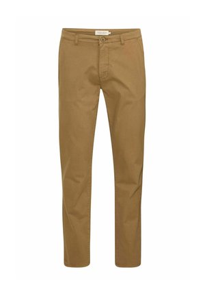 Beige Baumwollhose mit geradem Bein, ausgestattet mit einem Knopfverschluss vorne und standardmäßigen Gürtelschlaufen. Glatte Textur mit minimalem Design.