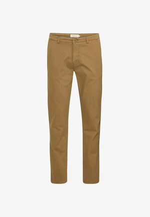 Šviesiai rudos medvilnės kelnės su tiesiu kirpimu, turinčios priekinį mygtuko užsegimą ir standartinius diržo kilpos. Lygi tekstūra su minimaliais dekoratyviniais elementais.