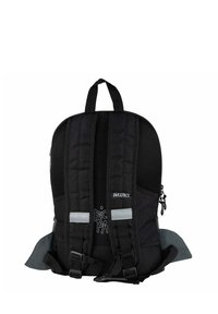Black backpack with padded mesh back, adjustable straps, reflective accents, and a small zippered pocket on the side. Logo displayed.