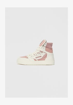 High-top sneakers featuring a mix of pink textile and white leather, with a textured rubber sole and prominent lacing system.