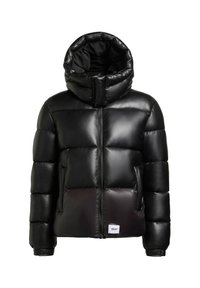 Black puffer jacket with a glossy finish, featuring a high collar, zip closure, and quilted design. Logo tag visible on the front.