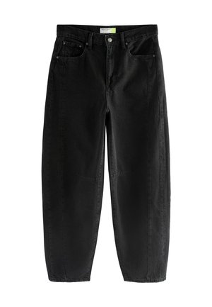 Schwarze Jeanshose mit lockerer Passform, ausgestattet mit einem Knopfverschluss, fünf Taschen und leichter Abnutzung der Stoffstruktur.