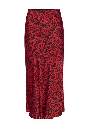 Falda midi de estampado de leopardo rojo, confeccionada en un tejido suave. Cuenta con una cinturilla elástica y un dobladillo ligeramente acampanado con un brillo sutil.