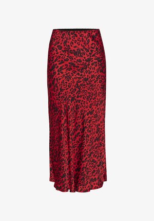 Sarkans leopardu raksta midi svārki, kas izgatavoti no gludas auduma. Iezīmē elastīgu jostu un nedaudz izliekta apakšmala ar smalku spīdumu.