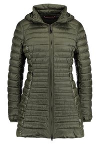 Olivenfarvet puffjakke med vandret quiltet mønster, frontlynlås, justerbar hætte og sidelommer. Letvægts og vandafvisende materiale.