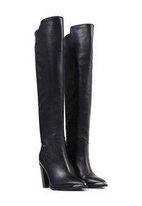 Botas negras de cuero hasta la rodilla con punta afilada y tacón grueso, que cuentan con una cremallera lateral y sutiles detalles brillantes en la punta.