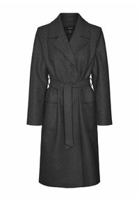 Cappotto trench in lana grigia scura con vita cinturata, due tasche frontali e maniche lunghe. Presenta un colletto a punta e un design di lunghezza media.