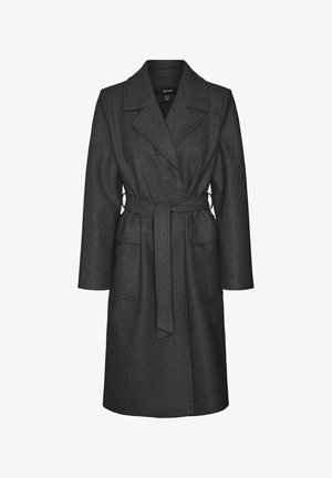 Tumehall villane trench coat vööga, kahe eesmise tasku ja pikkade varrukatega. Omab teravat kraed ja keskmise pikkusega disaini.