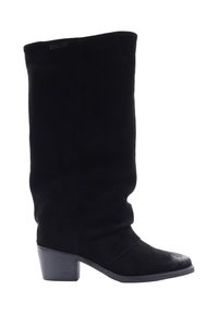 Czarne zamszowe botki do kolan z luźnym krojem, okrągłym noskiem i grubym obcasem. Posiadają gładką fakturę i markową metkę na górze.