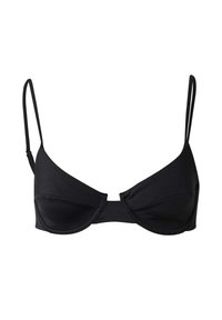 Zwart bikini-top met verstelbare dunne bandjes, een gevormde pasvorm en naaddetails. De stof is soepel en rekbaar, ontworpen voor comfort.
