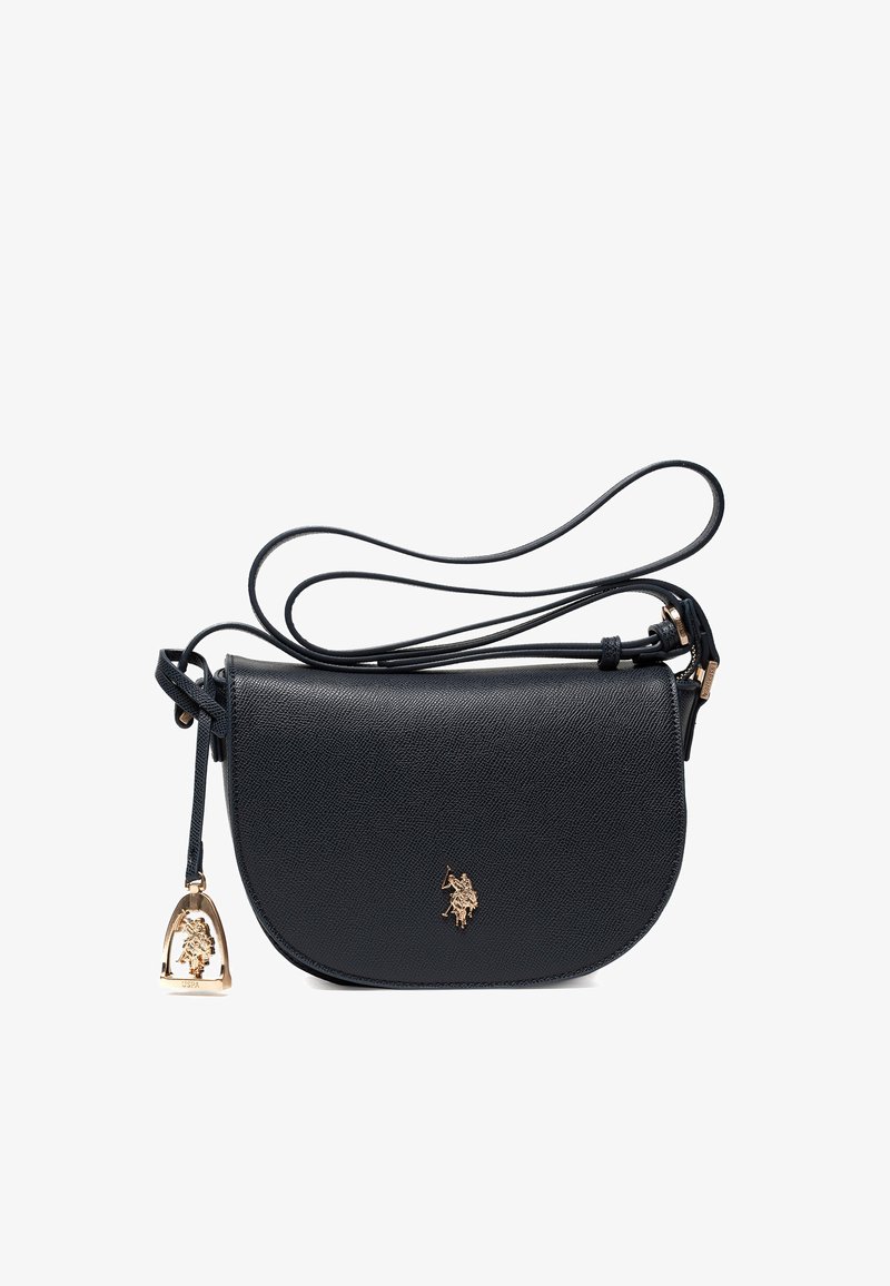 Borsa a tracolla in pelle nera con silhouette curva. Presenta un dettaglio in metallo dorato, una tracolla regolabile e un emblema con logo sul davanti.