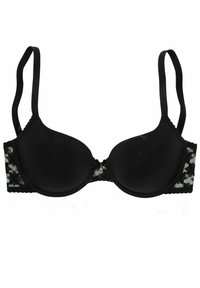 Schwarze gepolsterte Büste mit verstellbaren Trägern. Blumenspitze an den Seiten. Glattes Material mit einem subtilen Glanz und gewellten Kanten.