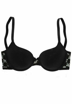Zwarte gewatteerde beha met verstelbare bandjes. Bloemmotieven van kant aan de zijkanten. Glad materiaal met een subtiele glans en golvende randafwerking.