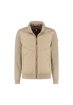 Beige herenjas met gevoerde voorkant, gebreide mouwen en kraag, volledige ritssluiting en geribbelde manchetten en zoom.