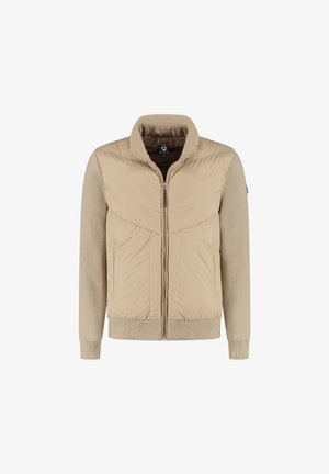 Beige herenjas met gevoerde voorkant, gebreide mouwen en kraag, volledige ritssluiting en geribbelde manchetten en zoom.