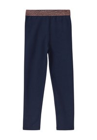 Marineblauwe legging met een rekbare pasvorm, voorzien van een metalen rosegouden patroon op de tailleband en een gladde stofstructuur.
