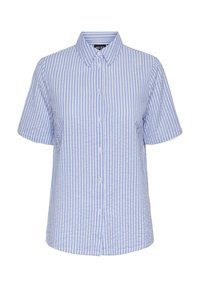 Korte mouwen overhemd met knopen in blauw-witte strepen, voorzien van een klassiek kraag en een lichte, gestructureerde stof.