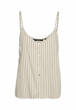 Crème-kleurige mouwloze top met dunne verticale zwarte strepen, V-hals en houten knoopdetail aan de voorkant.