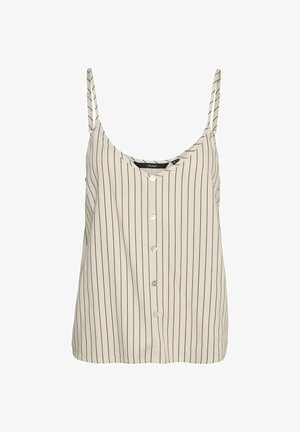 Crème-kleurige mouwloze top met dunne verticale zwarte strepen, V-hals en houten knoopdetail aan de voorkant.