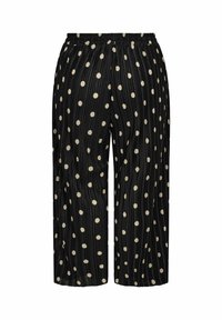 Schwarze plissierte Hose mit einem elastischen Bund, versehen mit großen beigefarbenen Punkten als Musterdetail. Gerade, knöchellange Silhouette.