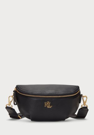 Schwarze Leder-Gürteltasche mit goldenem Reißverschluss und goldenem RLL-Logo, mit verstellbarem Träger und goldenen Verschlüssen an beiden Enden.