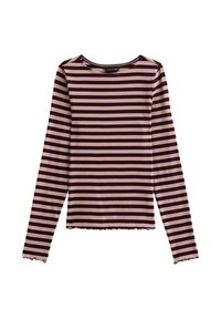 Langarmshirt in donker bordeauxrood en lichtroze strepen, met een ronde hals en golvende zoom bij de manchetten en de onderrand.