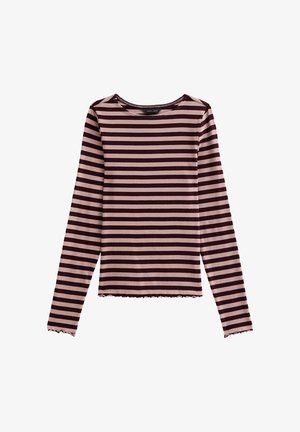 Maglietta a maniche lunghe in strisce bordeaux scuro e rosa chiaro, con collo a giro e orlo ondulato sui polsini e sul bordo inferiore.