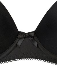 Black bra with smooth fabric, plunge design, delicate satin bow at the center, and decorative stitching along the edges.