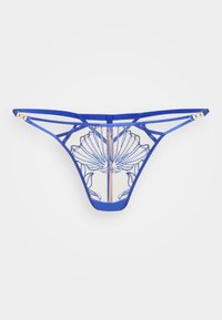 Tanga blu con pizzo e ricami floreali, dotato di spalline sottili e un pannello semi-trasparente. Gli accenti in hardware dorato migliorano il design.