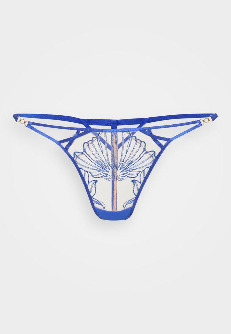 Tanga blu con pizzo e ricami floreali, dotato di spalline sottili e un pannello semi-trasparente. Gli accenti in hardware dorato migliorano il design.