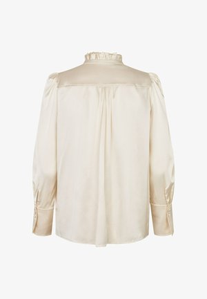 Svilena bluzica v kremni barvi, ki se ponaša z visokim nabranim ovratnikom, napihnjenimi rokavi in nabrano hrbtno podrobnostjo za sproščen kroj. Z gumbi na manšetah.