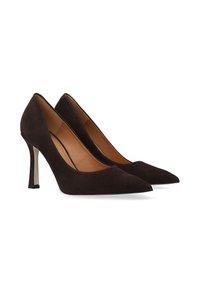 Braune Wildleder-Pumps mit hohem Absatz, spitzer Schuhspitze und elegantem Stiletto-Absatz, ausgestattet mit einer glatten Innensohle und minimalistischen Designdetails.
