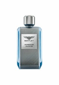 Klar glassflaska med en texturerad silveretikett och ett metallikapell. Etiketten har "Bentley" och "Momentum Unlimited" varumärkesloggor.