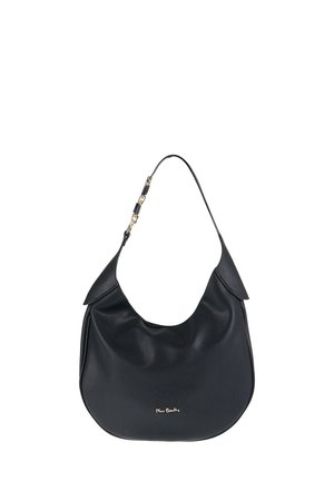 Sac hobo en cuir noir avec une forme décontractée, une finition texturée et un accent logo doré. Dispose d'une bandoulière unique avec de la quincaillerie dorée.