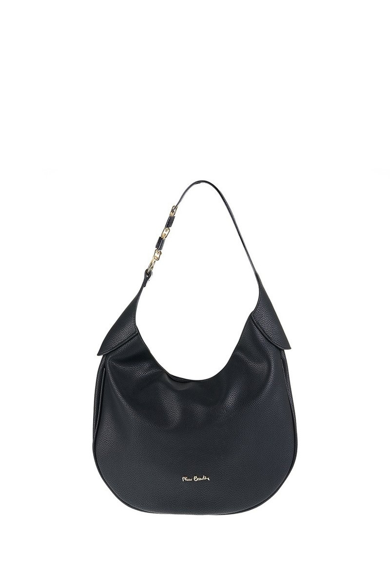 Zwarte leren schoudertas met een gebogen handvat en kleine gouden kettingdetails, met een klein gouden logo aan de voorkant.