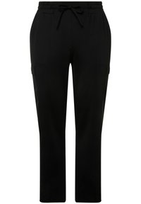 Pantaloni sportivi neri con vita elasticizzata e coulisse, dotati di tasche laterali e design a gamba dritta, realizzati in un tessuto morbido.