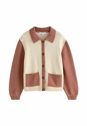 Sweter kardigan z kremowym korpusem i rękawami w kolorze rdzy. Posiada kołnierzyk, zapięcie na pięć guzików oraz dwie przednie kieszenie.