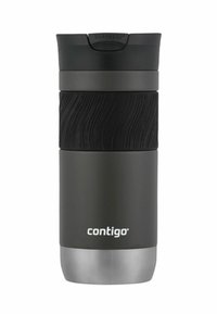 Kubek podróżny Contigo; czarna stal nierdzewna z teksturowanym, czarnym uchwytem silikonowym; srebrna podstawa; pokrywka z zatrzaskiem, odporna na rozlanie.