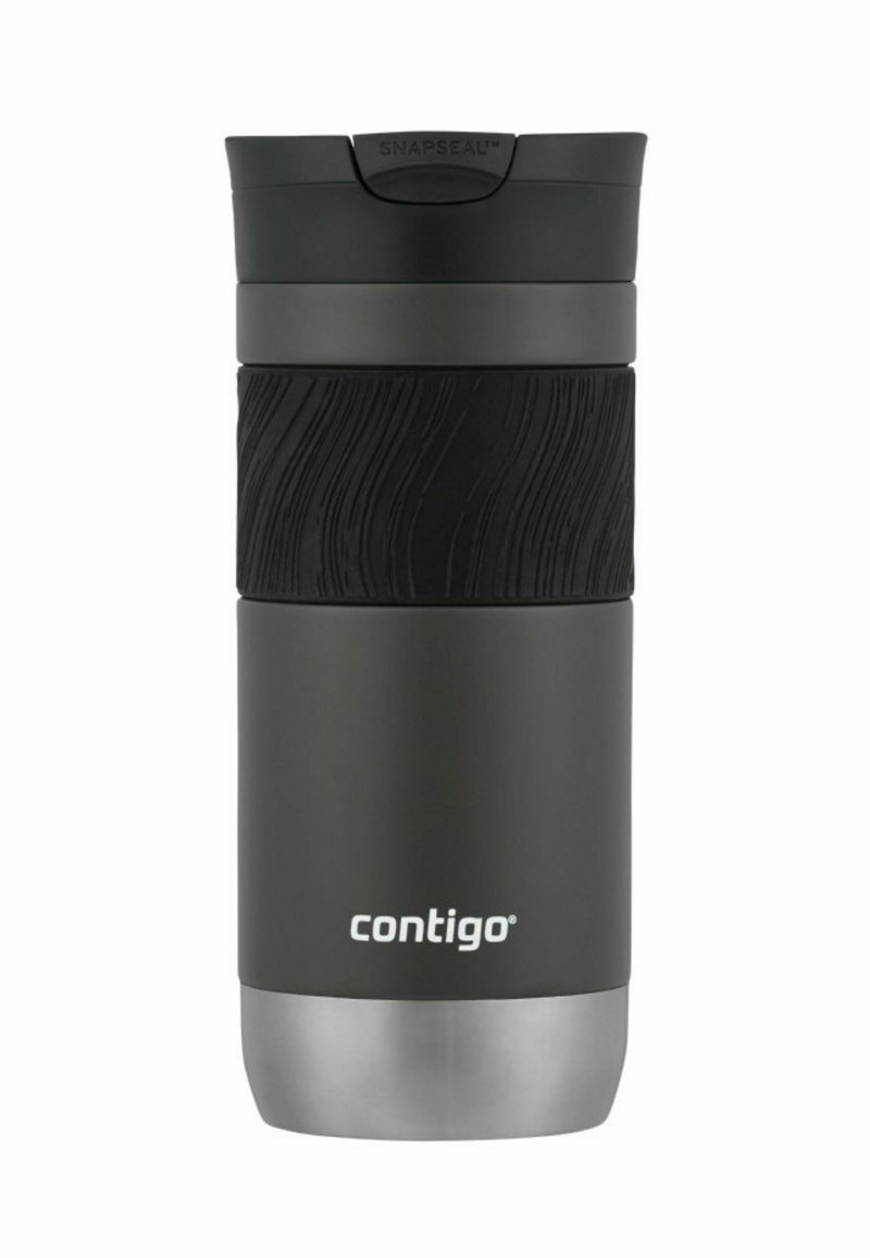 Kubek podróżny Contigo; czarna stal nierdzewna z teksturowanym, czarnym uchwytem silikonowym; srebrna podstawa; pokrywka z zatrzaskiem, odporna na rozlanie.