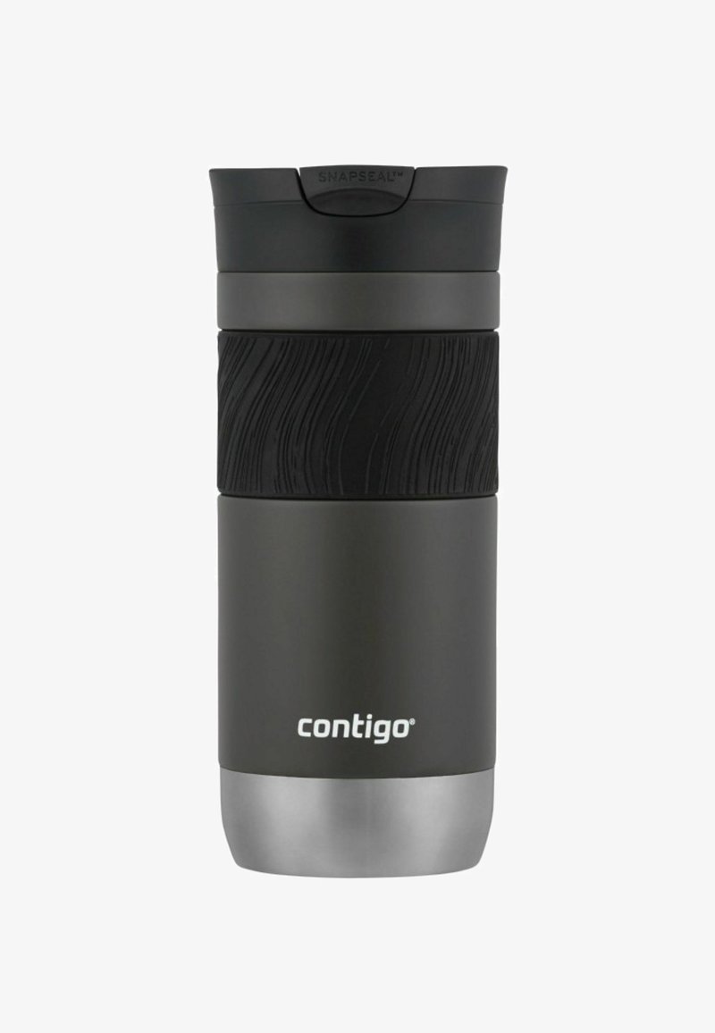 Kubek podróżny Contigo; czarna stal nierdzewna z teksturowanym, czarnym uchwytem silikonowym; srebrna podstawa; pokrywka z zatrzaskiem, odporna na rozlanie.