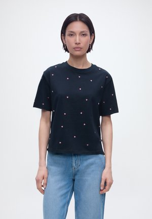 BOXY T-SHIRT WITH EMBROIDERY - T-Shirt print - navy pink heart embroidery
