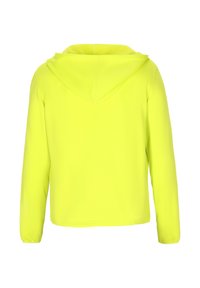 Felpa con cappuccio gialla neon, maniche lunghe, cucitura posteriore e cappuccio con cordino. Design liscio, leggero e aderente, adatto per un abbigliamento casual.