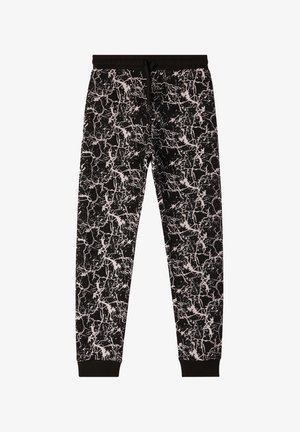 Czarne dresowe spodnie z białym marmurkowym wzorem, elastycznym paskiem w talii i sznurkiem do ściągania. Zakończenia nogawek z mankietem dodają dopasowanego akcentu.