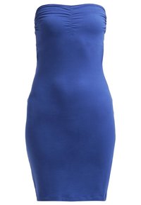 Robe sans bretelles, ajustée, de couleur bleu vif, confectionnée dans un tissu lisse. Présente des détails froncés au niveau du décolleté. Longueur mi-cuisse.
