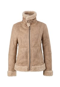 Giacca in suede color tan con colletto e polsini in pelliccia sintetica, cuciture verticali e zip frontale. Presenta tasche laterali e una texture morbida.