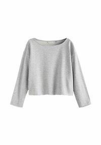 Sweat-shirt gris raccourci à manches longues, col rond, avec une finition lisse et texturée. Aucun motif visible ni détail matériel.