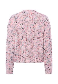 Gestrickter Pullover in zartem Rosa mit mehrfarbigen Sprenkeln. Verfügt über ein strukturiertes Muster und gerippte Bündchen, mit rundem Ausschnitt und verkürzter Länge.